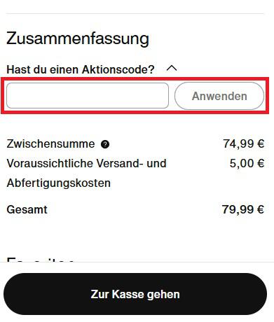 Eingabefeld für Nike Gutscheine im Warenkorb des Online Shops