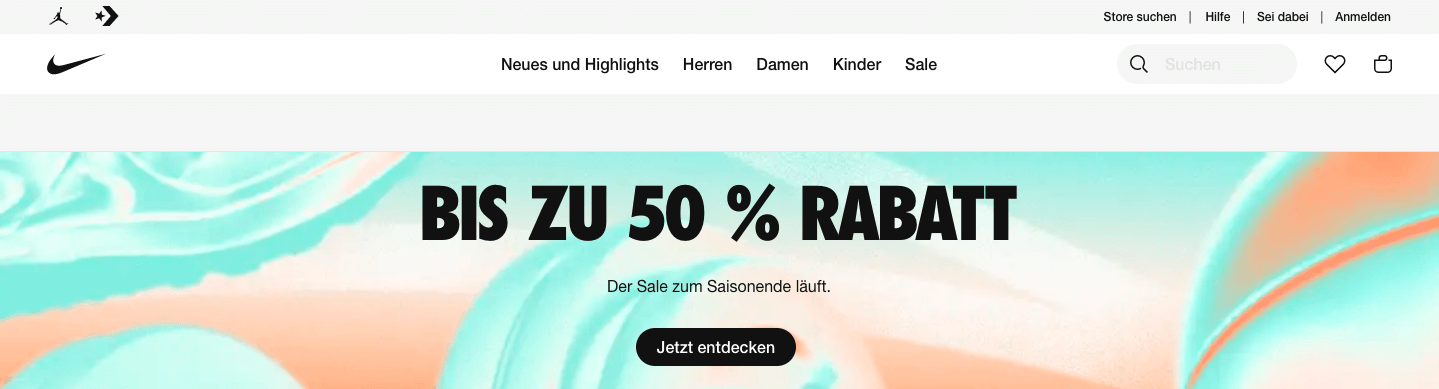 Nike Sale-Banner im Online-Shop mit bis zu 50 % Rabatt