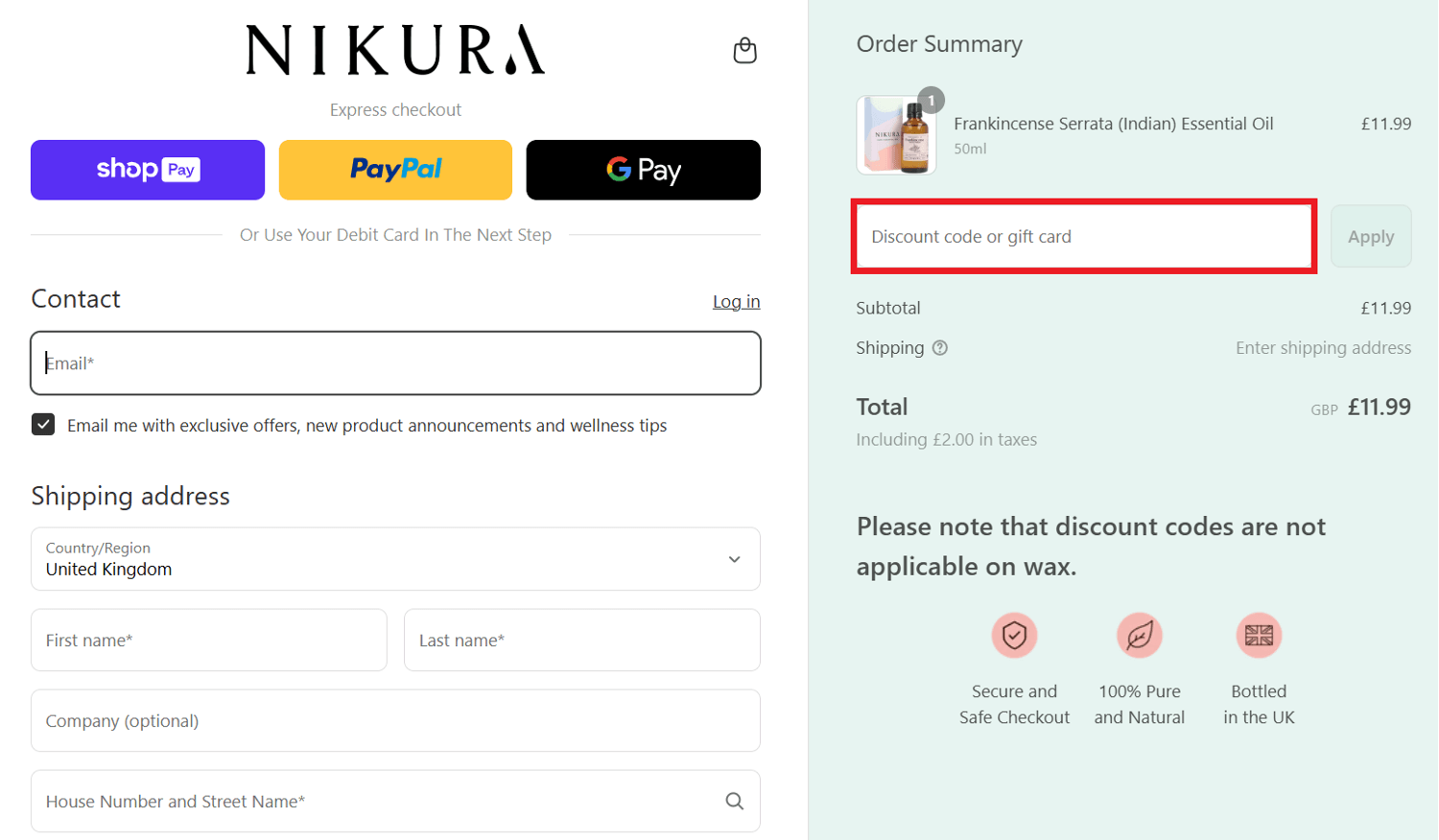 Nikura discount code box in shopping basket