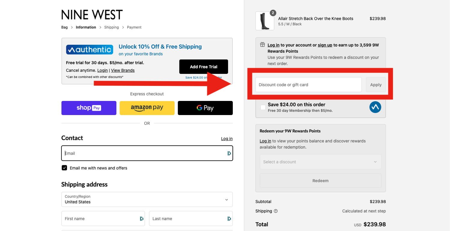 Nine West coupon box on checkout page