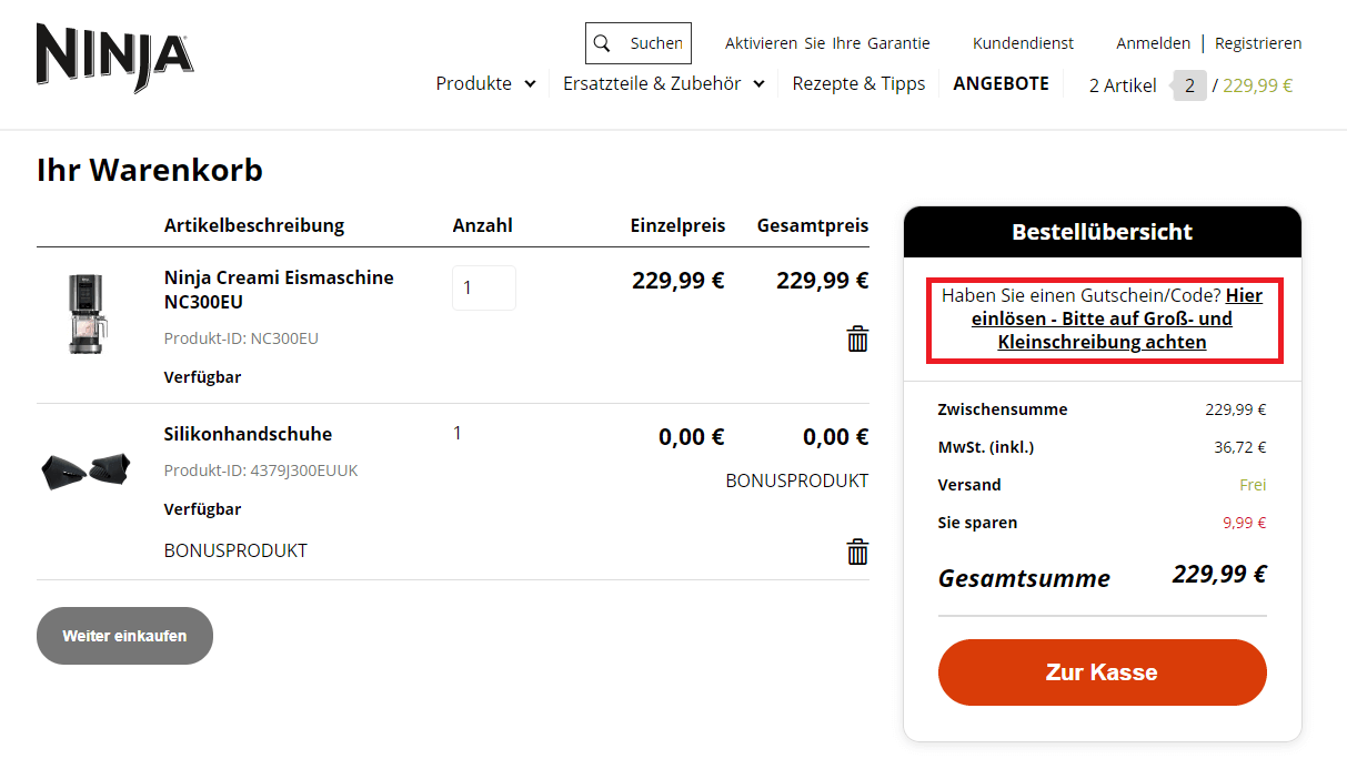 So kannst du im Warenkorb einen Ninja Gutschein einlösen