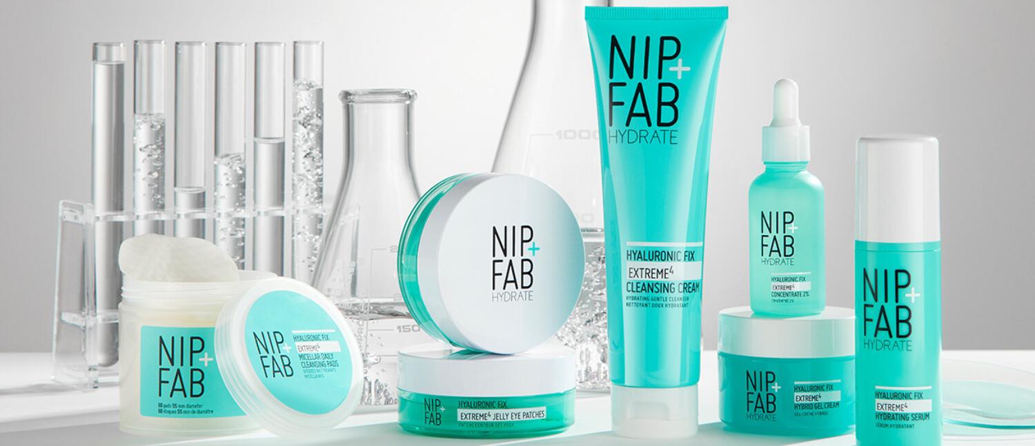 Nip and Fab savings guide image featuring a product selection including cleansing cream and hydrating serum
