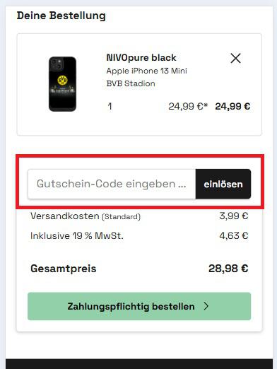 Eingabefeld für einen NIVOCASE Gutscheincode an der Online-Kasse