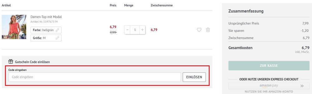 Screenshot vom Eingabefeld zum NKD Gutschein einlösen