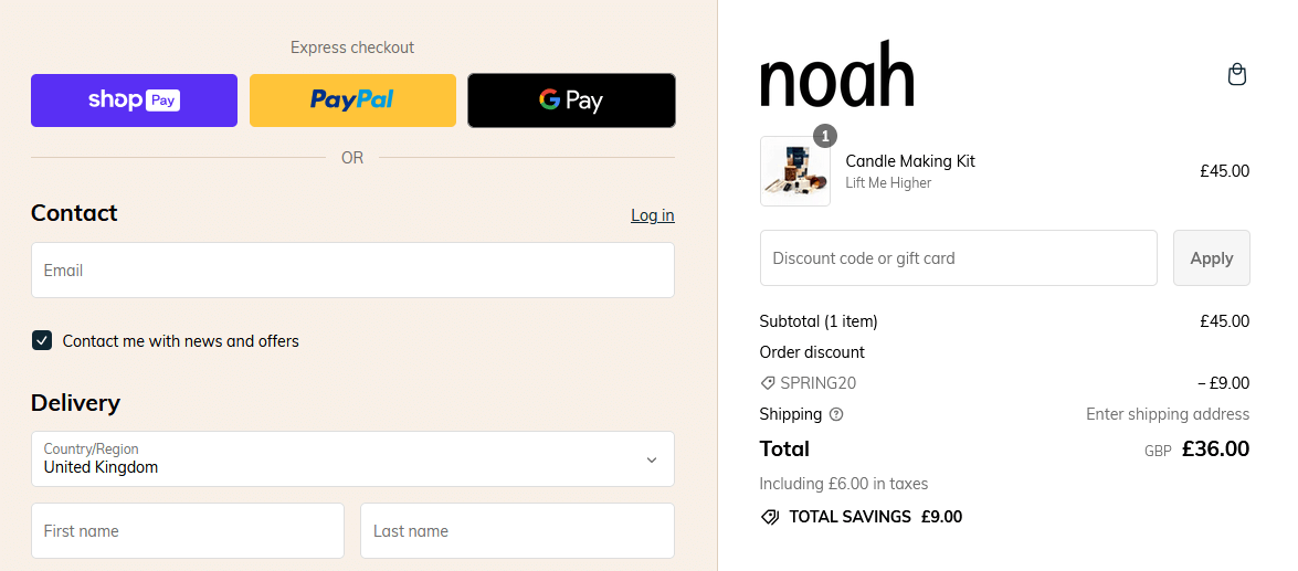 Screenshot of the Noah code entry field on the checkout page of the Noah’s Box website