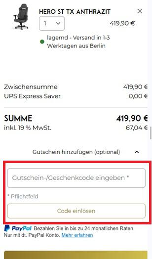 Warenkorb-Screenshot mit markiertem Eingabefeld zum Einlösen vom noblechairs Gutschein