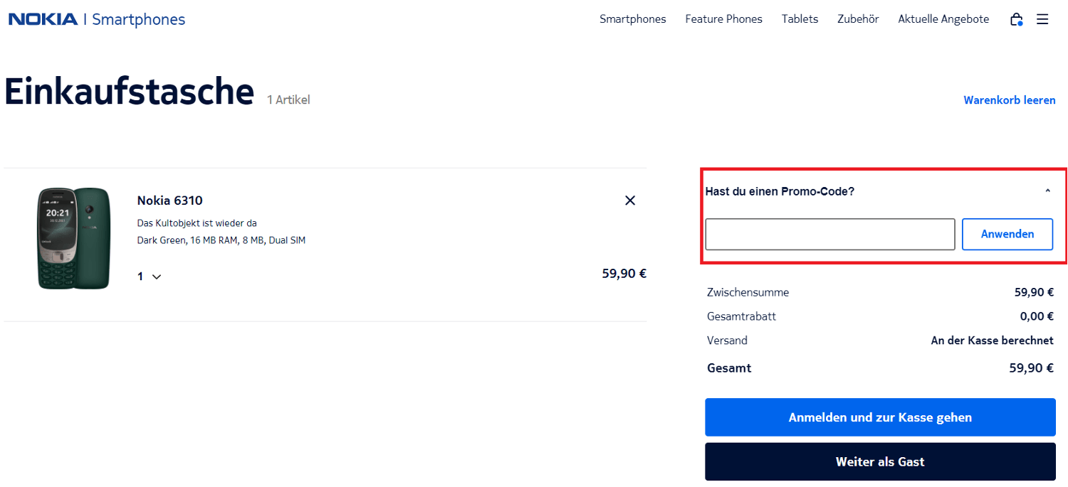Eingabefeld für einen Nokia Gutschein im Warenkorb