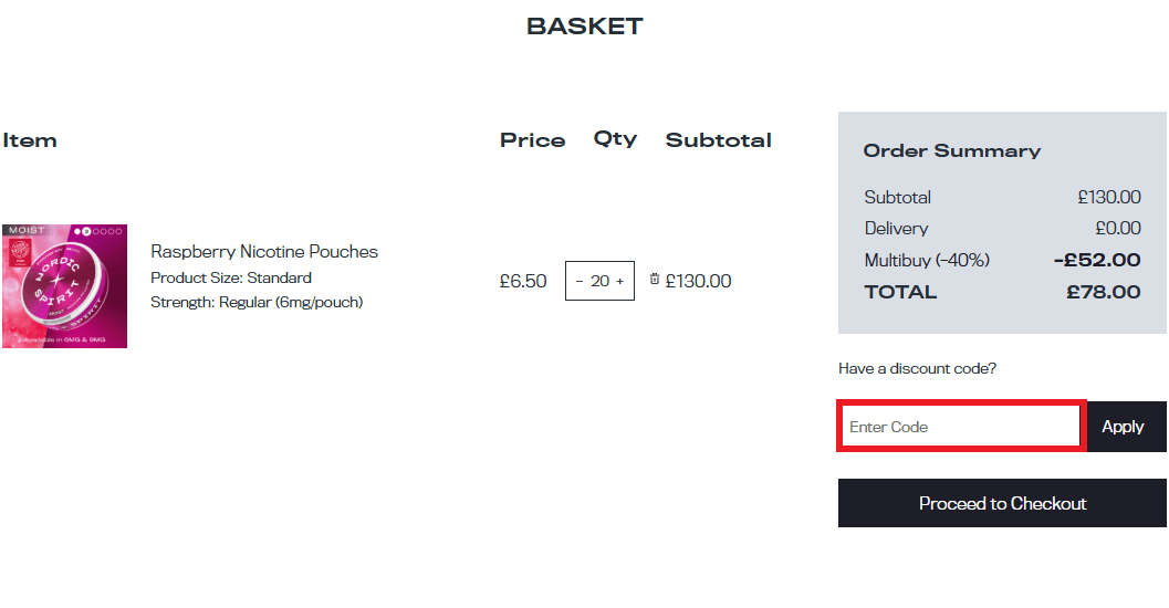 Nordic Spirit discount code box in shopping basket