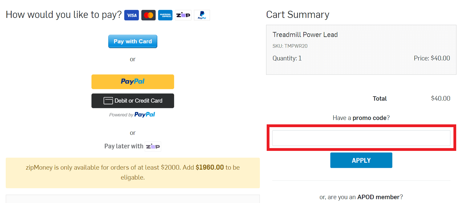 NordicTrack discount code box in shopping cart