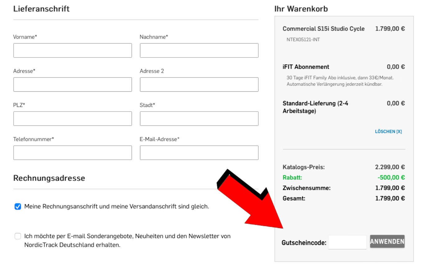 NordicTrack Einkaufskorb mit Eingabefeld für den Gutschein