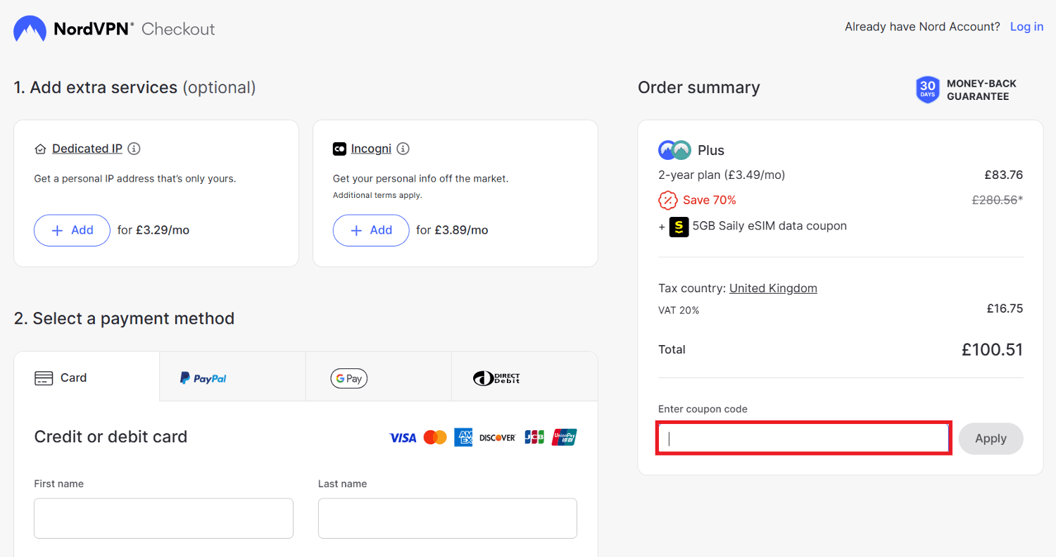 NordVPN discount code redemption box image