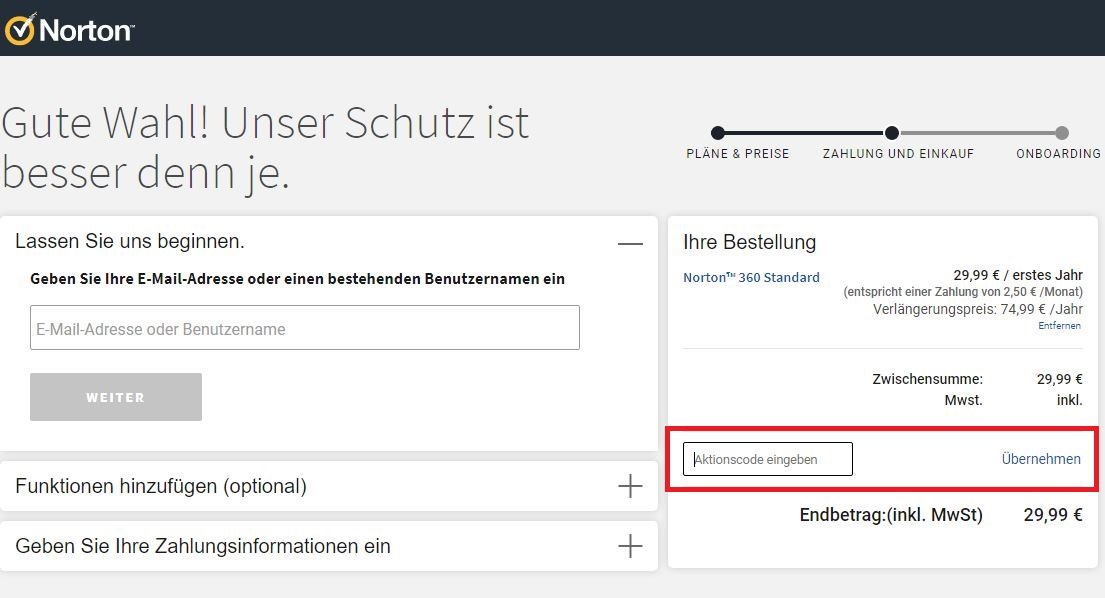 Norton Angebot einlösen