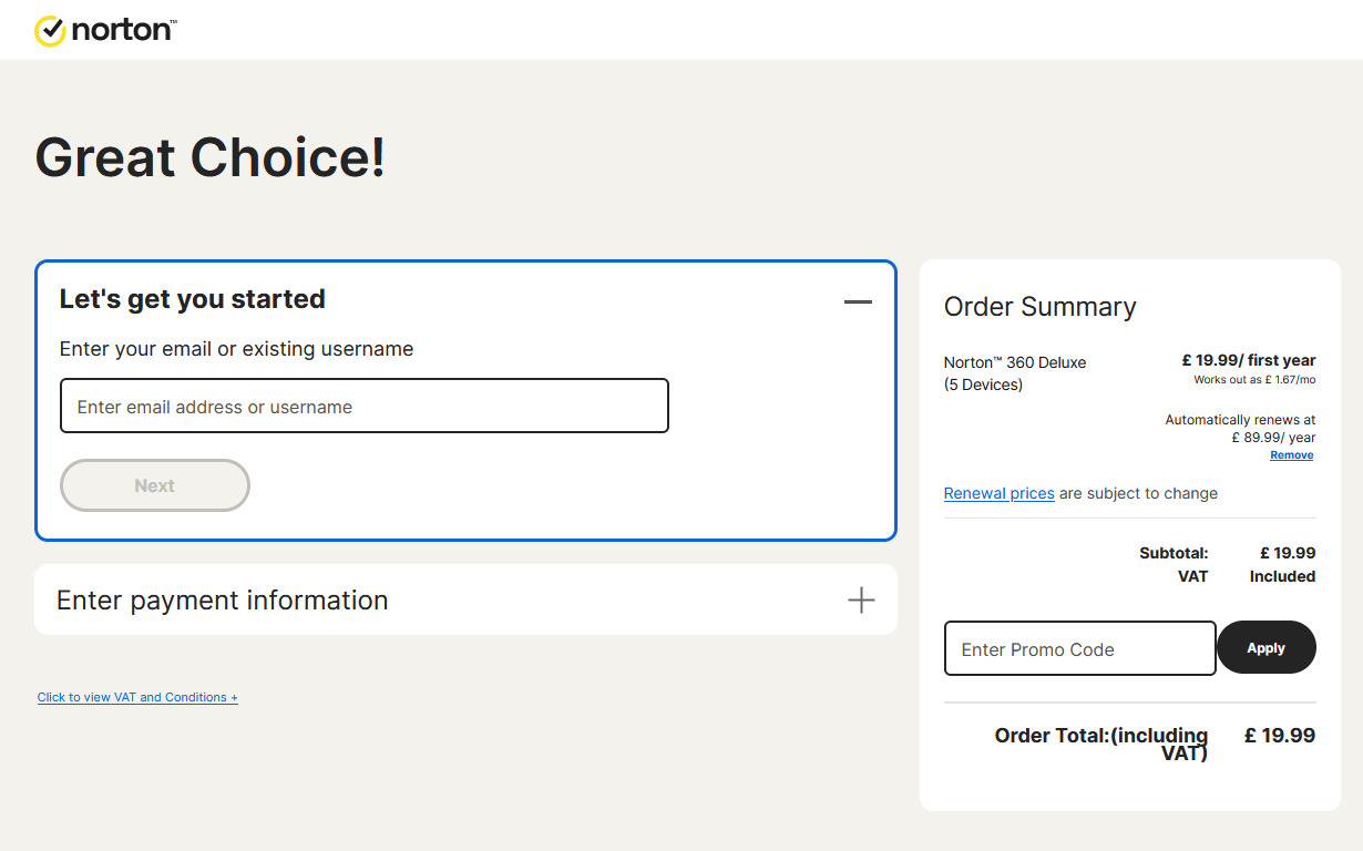 Norton discount code application box