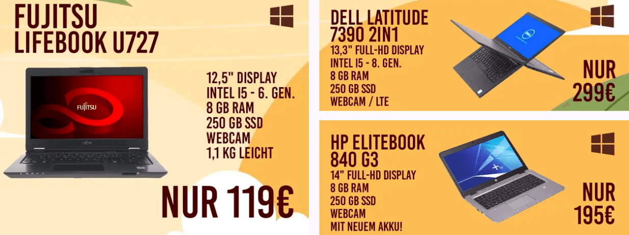 Aktuelle Angebote für Dell, HP und Fujitsu Laptops bei Notebookgalerie