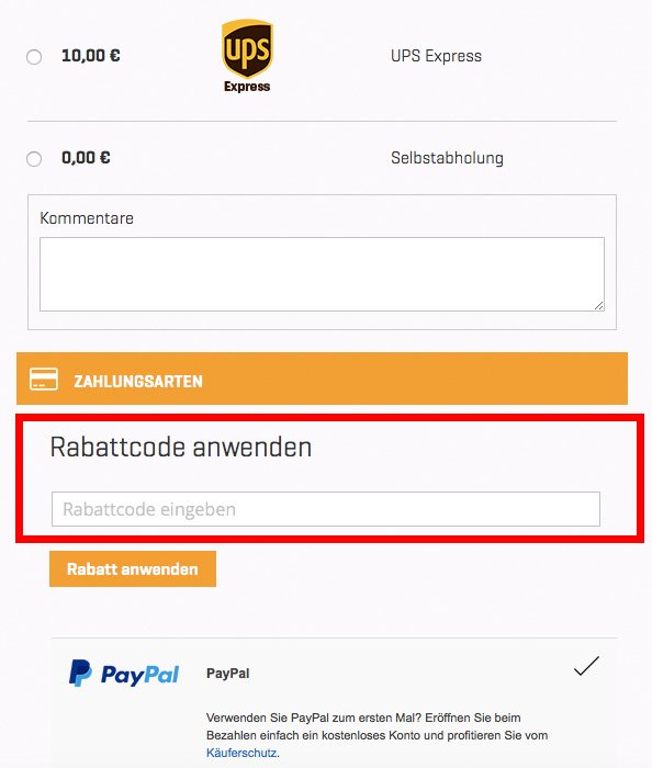 Warenkorbansicht mit Feld zum Einfügen des Notebookgalerie-Rabattcodes