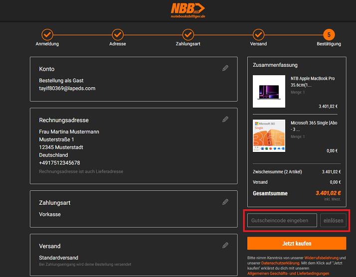 Screenshot aus dem Warenkorb mit Hinweis darauf, wo du den notebooksbilliger Gutschein einlösen kannst