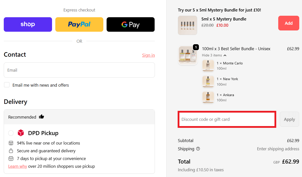 Noted Aromas discount code box in shopping basket image