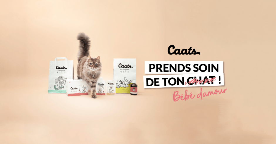 Des pots de nourriture pour chat Caats avec un chat vu de face
