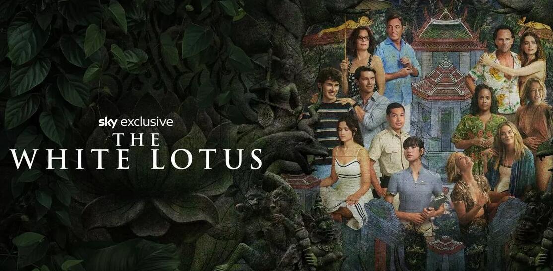 NOW The White Lotus banner - Promotional image showing the cast of the TV show The White Lotus in mosaic form