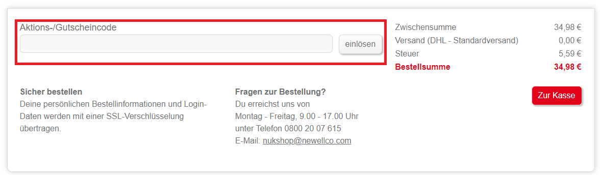 Screenshot vom Eingabefeld, in dem du einen NUK-Gutschein einlösen kannst