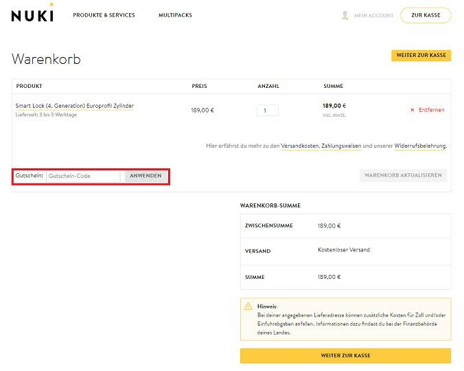 img: nuki-gutschein-einloesen / alt: Screenshot aus dem Warenkorb mit Hinweis darauf, wo du den Nuki Gutschein einlösen kannst.