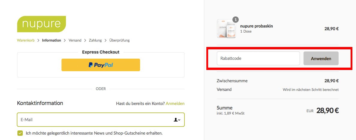 Nupure Online Shop Eingabefeld Rabattcode Kasse