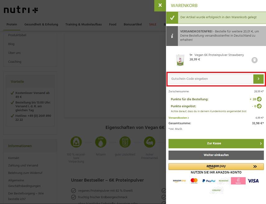 Screenshot aus dem Warenkorb mit Hinweis auf Einlösung des Nutri-Plus Gutscheins.
