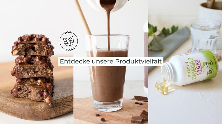 Banner für die Nutri-Plus Gutscheinseite: Vegane Schoko-Proteinriegel, Protein-Shake und Omega 3 Kapseln mit Hinweis auf die Produktvielfalt des Shops
