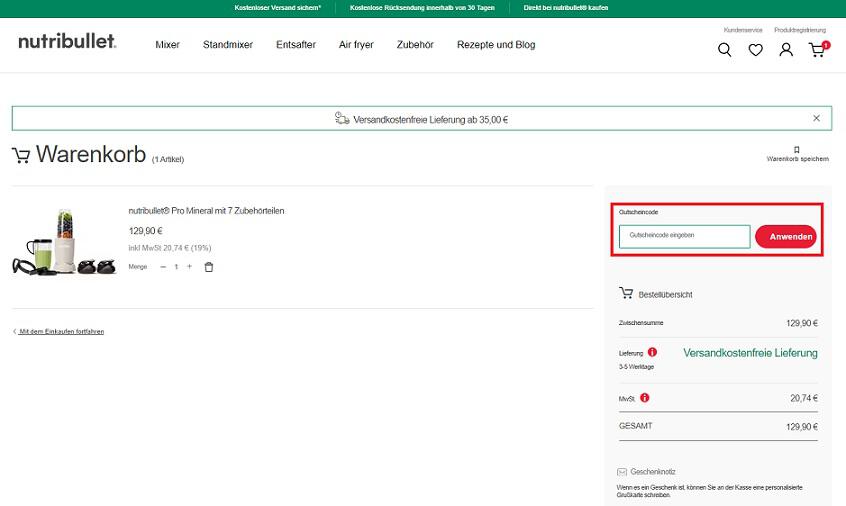 Screenshot aus dem Warenkorb mit Eingabefeld für den NutriBullet Gutschein