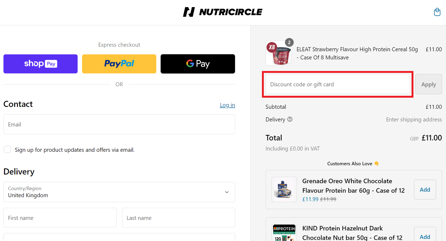 Nutricircle discount code redemption box image