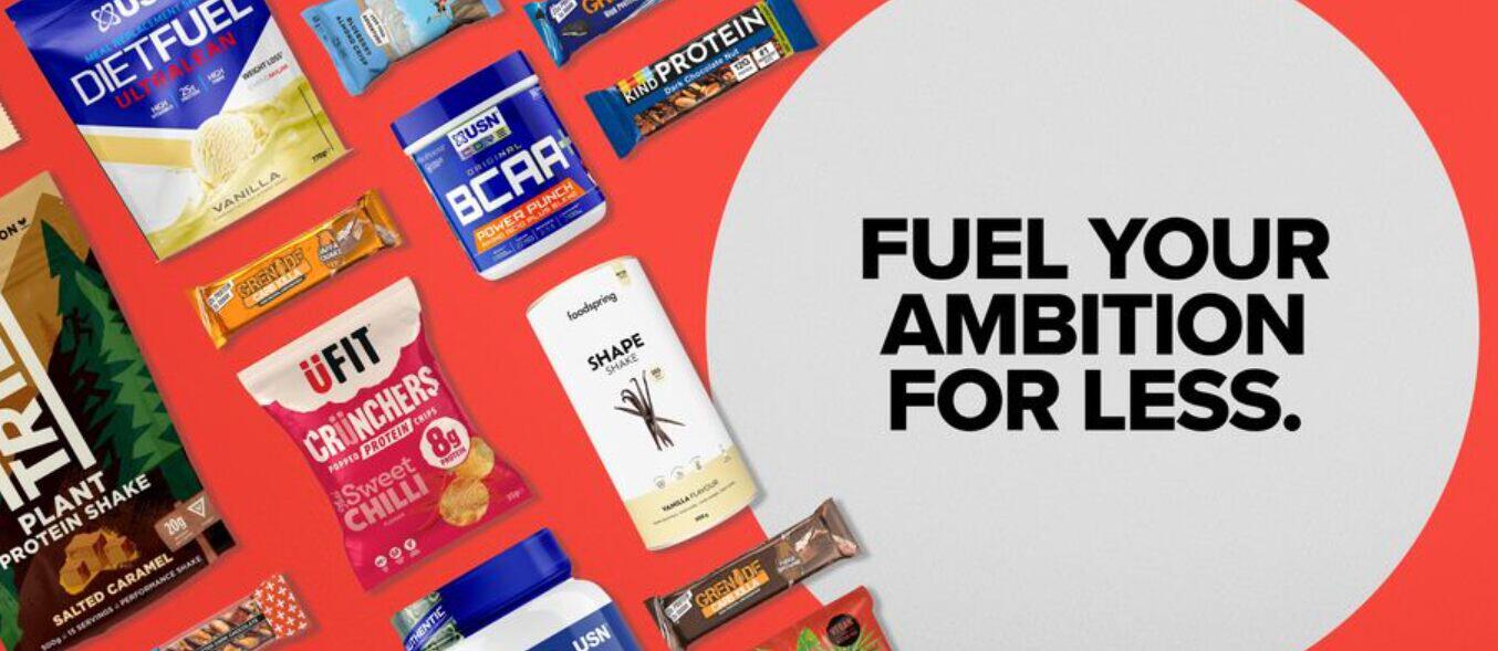 Nutricircle offers page banner showing a selection of food items the brand sells on a red background. Text says &apos;fuel your ambition for less&apos;