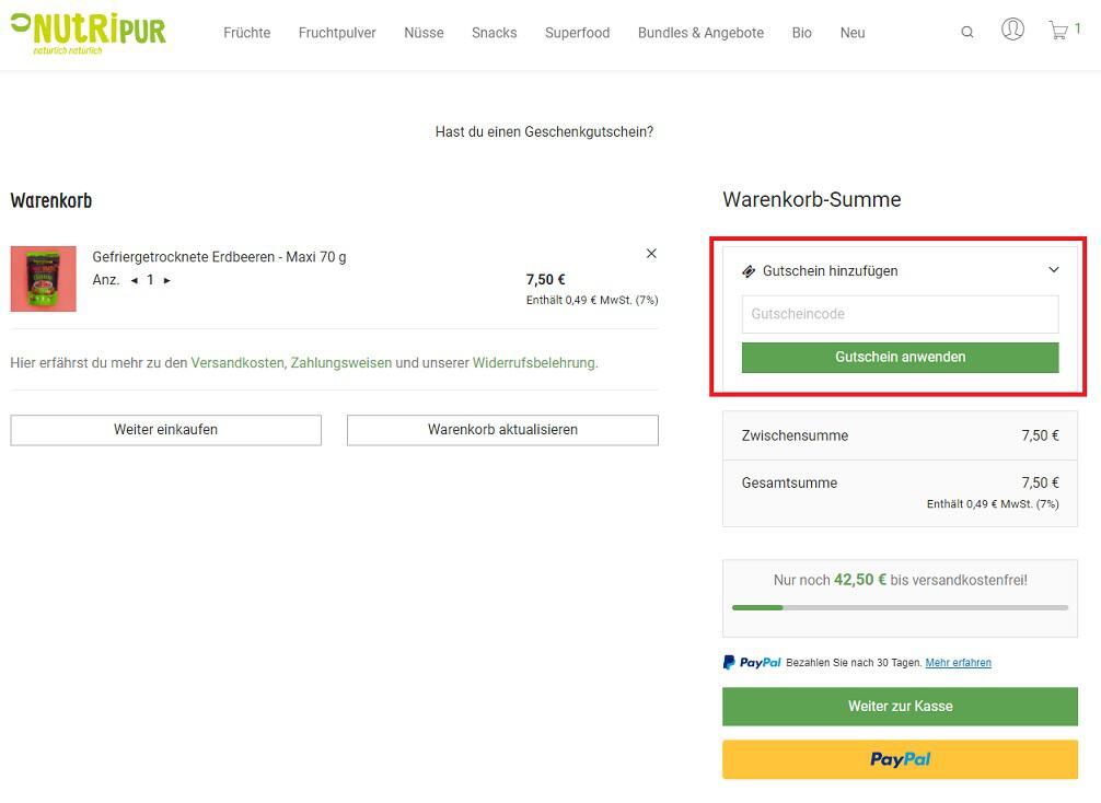 Screenshot aus dem Warenkorb mit Eingabefeld zum Anwenden vom NutriPur Gutschein