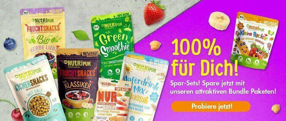 Auswahl an NutriPur Fruchtsnacks mit dem Hinweis auf die NutriPur-Spar-Sets