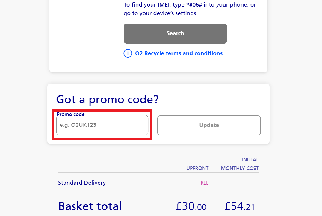 o2 discount code box at checkout image