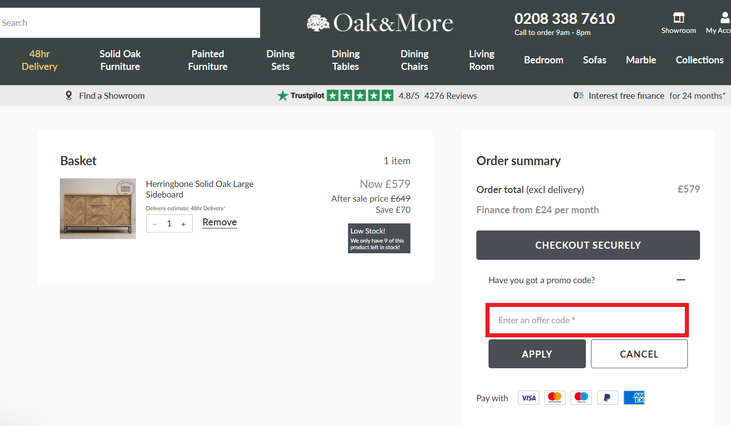 Oak&More discount code box on basket page