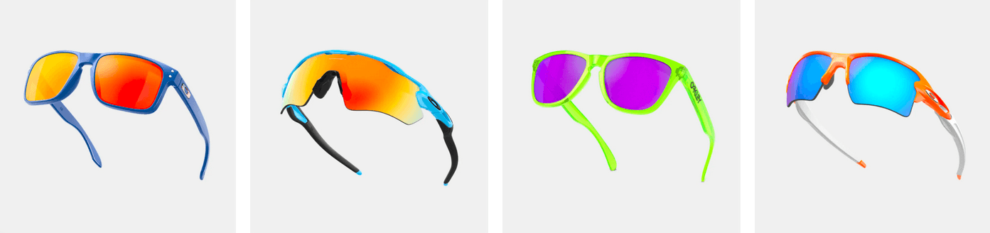 Verschiedene bunte Brillen im Online-Shop von Oakley