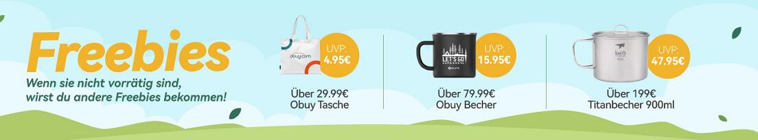 grüne Zeichentrick-Landschaft mit Obuy Tasche, Obuy Becher und Obuy Titanbecher als Freebies, wenn du einen jeweils festgelegten Bestellwert erreichst
