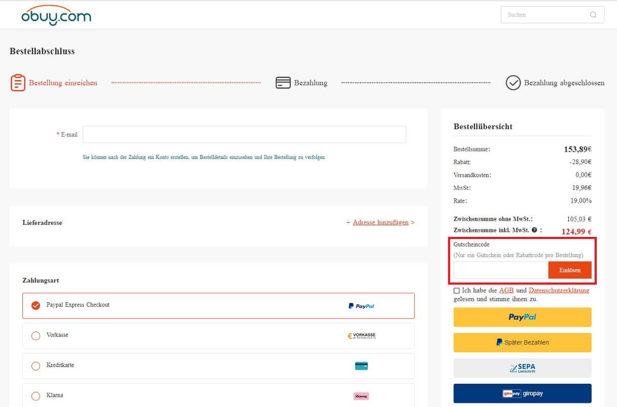 Screenshot aus dem Warenkorb mit Eingabefeld zum Einlösen vom Obuy Gutschein