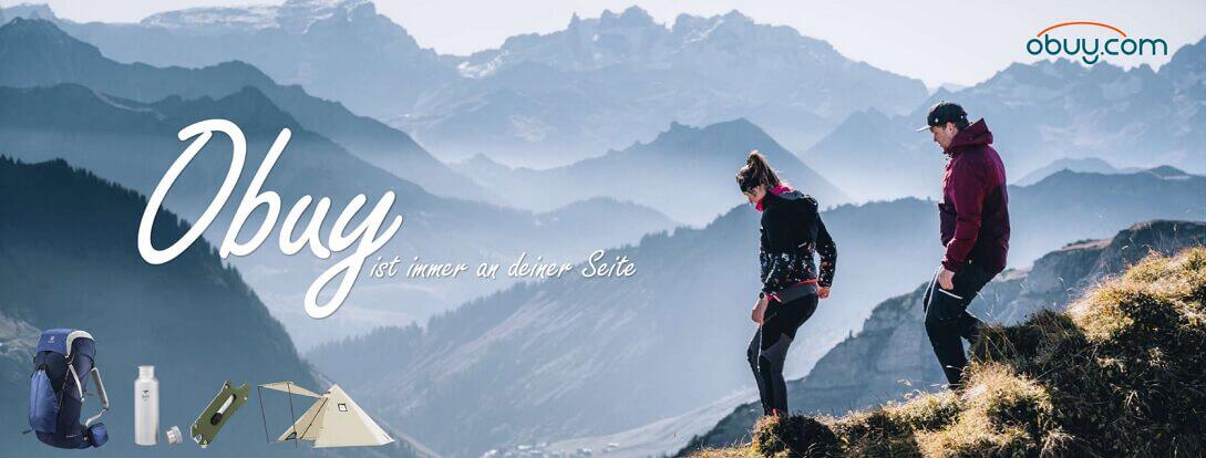 Banner für die Obuy Gutscheinseite: Mann und Frau wandern durch eine bergige Landschaft mit Obuy Logo und Slogan „Obuy ist immer an deiner Seite“