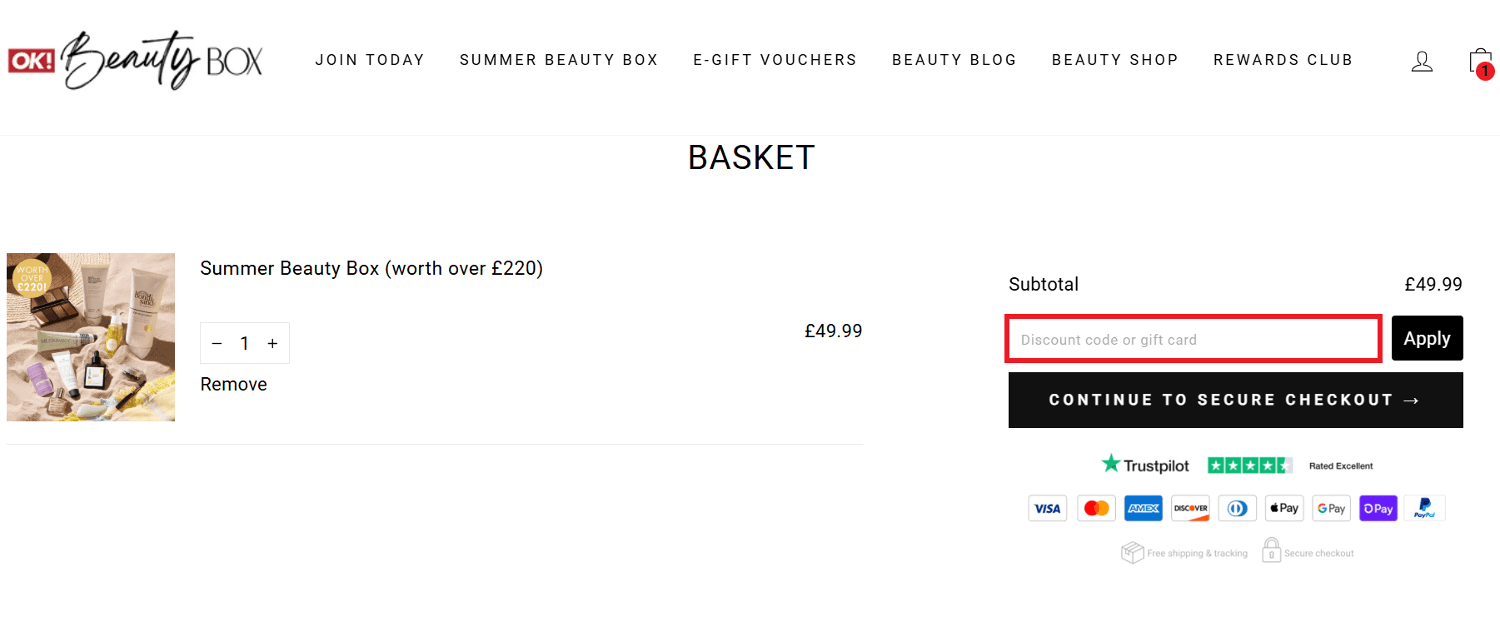 OK Beauty Box discount code redemption area image