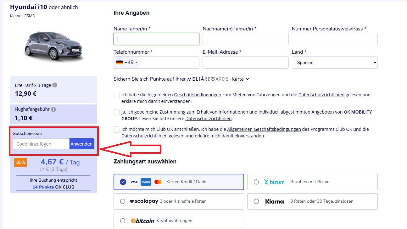 Screenshot von dem Buchungunsvorgang um deinen OK Mobility Gutschein einzulösen