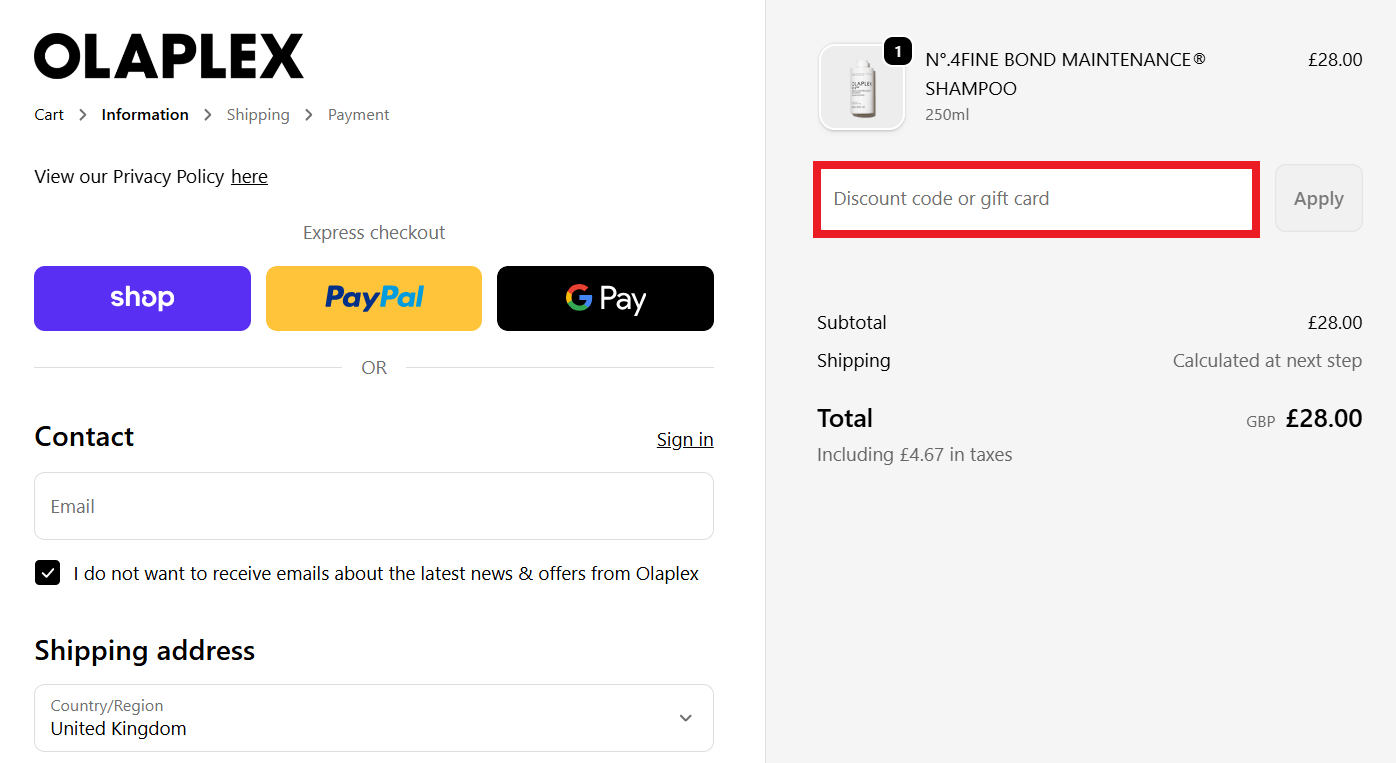 Olaplex discount code box in shopping basket