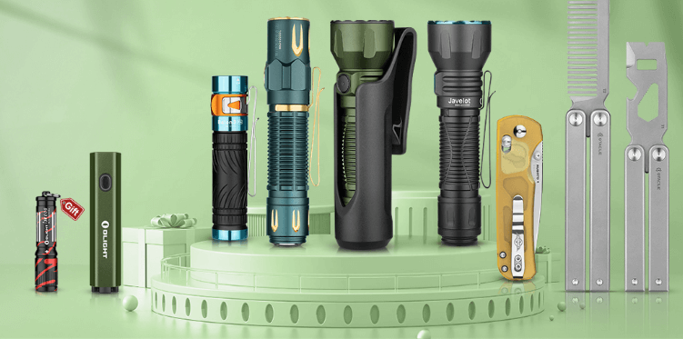 Olight deals page image - Lots of torches stood on their ends against a green backdrop