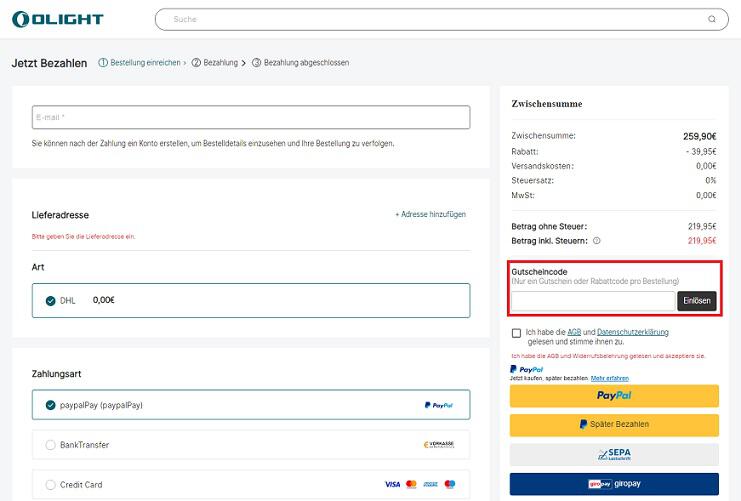 Screenshot aus dem Warenkorb mit Hinweis darauf, wie du den Olight Gutschein einlösen kannst.