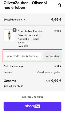 img: olivenzauber-rabattcode-einloesen / alt: Screenshot aus dem Warenkorb mit Hinweis darauf, wie du den OlivenZauber Rabattcode einlösen kannst.