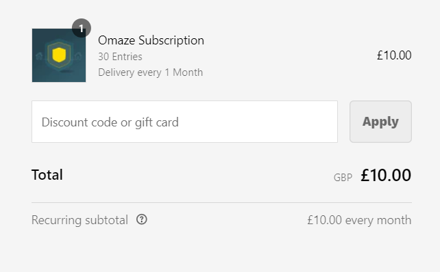 Omaze discount code box during the checkout process