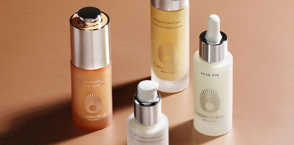 Omorovicza deals page on Savoo image showing four minature beauty products on a rust colour surface