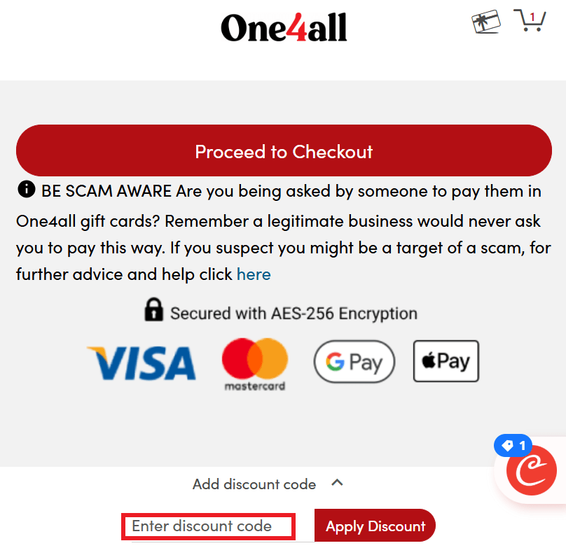 One4all discount code box area in basket
