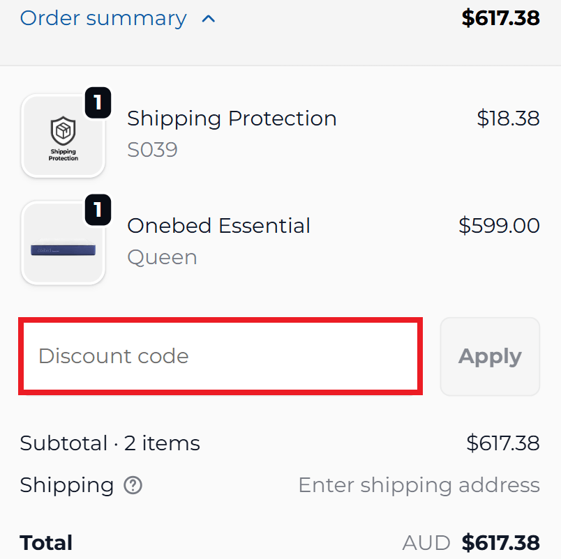 Onebed discount code box in shopping cart image