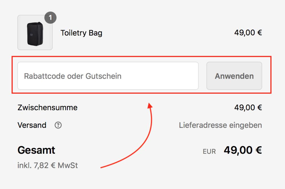 Warenkorb-Screenshot mit Eingabefeld für deinen onemate Gutschein